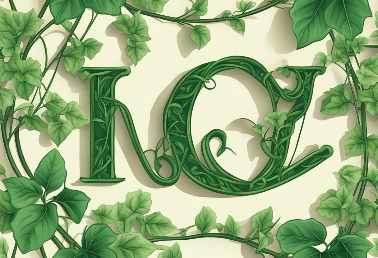 A lush green vine with delicate leaves spelling out "Ivy" in cursive letters