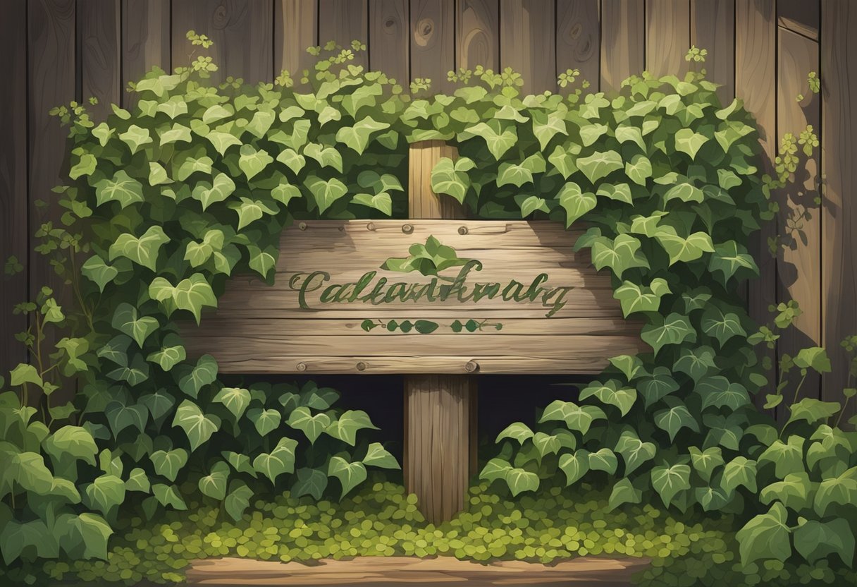 Lush green ivy vines entwined around a rustic wooden sign, surrounded by delicate wildflowers and dappled sunlight filtering through the trees