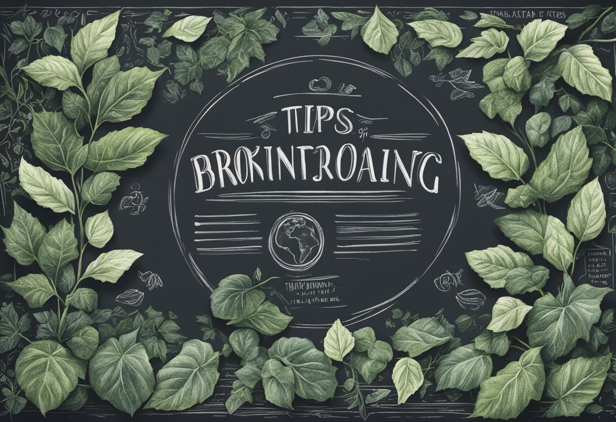 A chalkboard with "Tips for Brainstorming the Perfect Name" and images of ivy leaves for inspiration