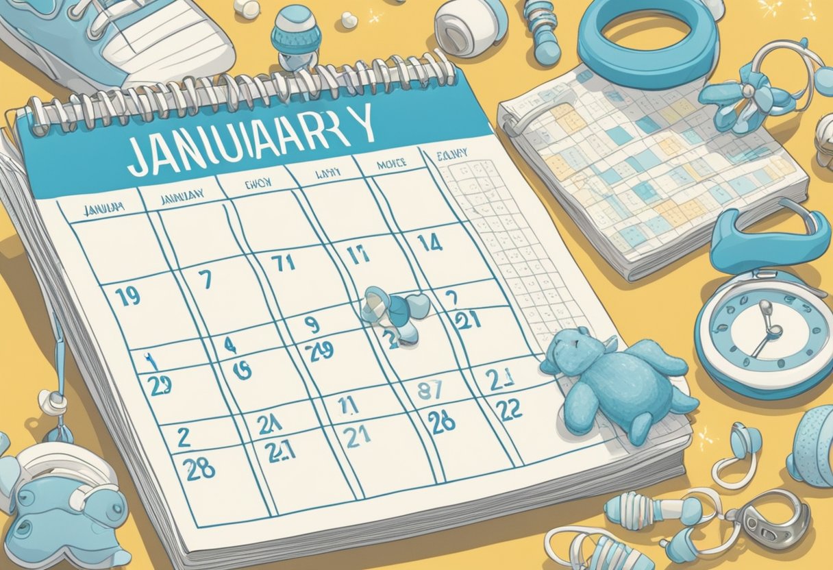 A calendar page with "January" highlighted, surrounded by baby-related items like rattles, pacifiers, and baby booties