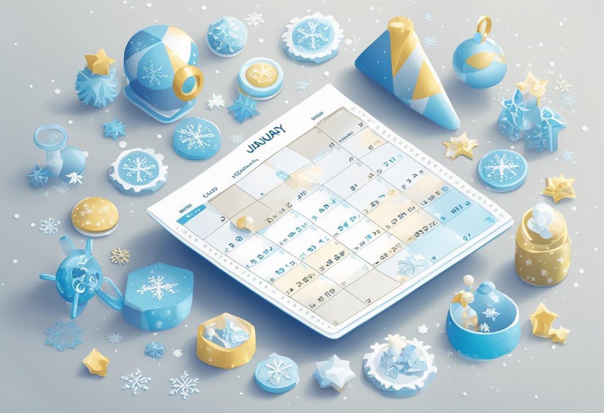 A calendar with "January" highlighted. Baby-related items scattered around, like rattles and pacifiers. Snowflakes and winter motifs in the background