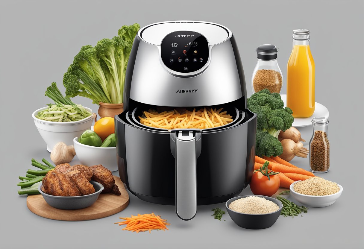 A variety of ingredients surround the airfryer, including vegetables, meats, and seasonings. The airfryer itself is displayed prominently, with its digital interface and sleek design