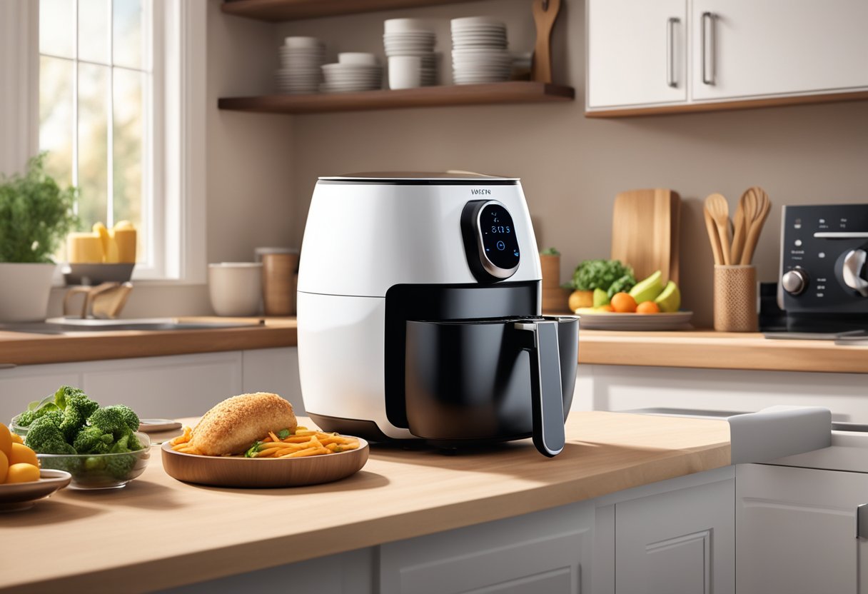 A sleek Airfryer sits on a kitchen counter, surrounded by fresh ingredients and recipe books. The warm glow of the appliance highlights its modern design