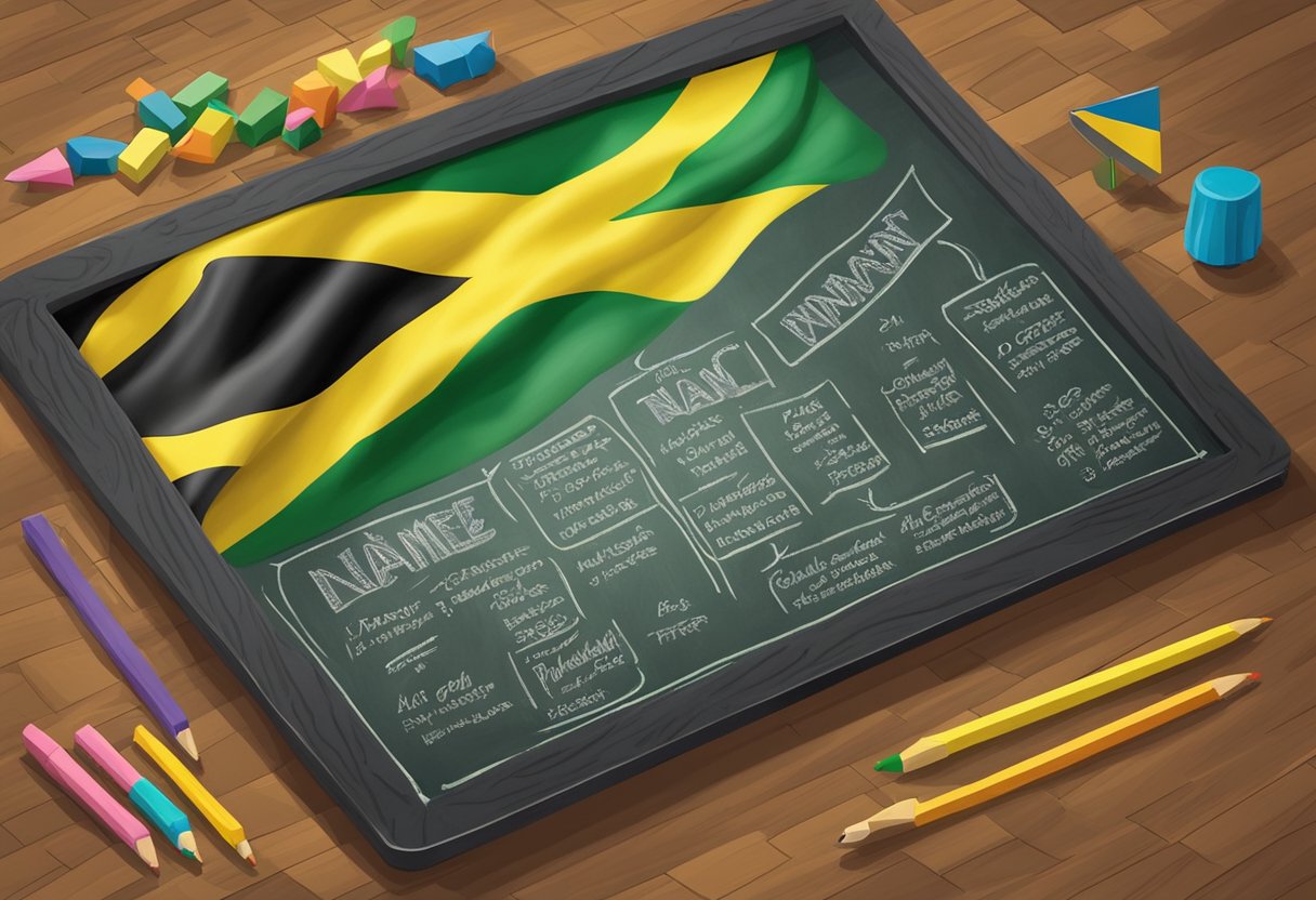 A colorful chalkboard with "Tips For Brainstorming The Perfect Name" and Jamaican flag colors. A list of unique baby boy names written in a playful font