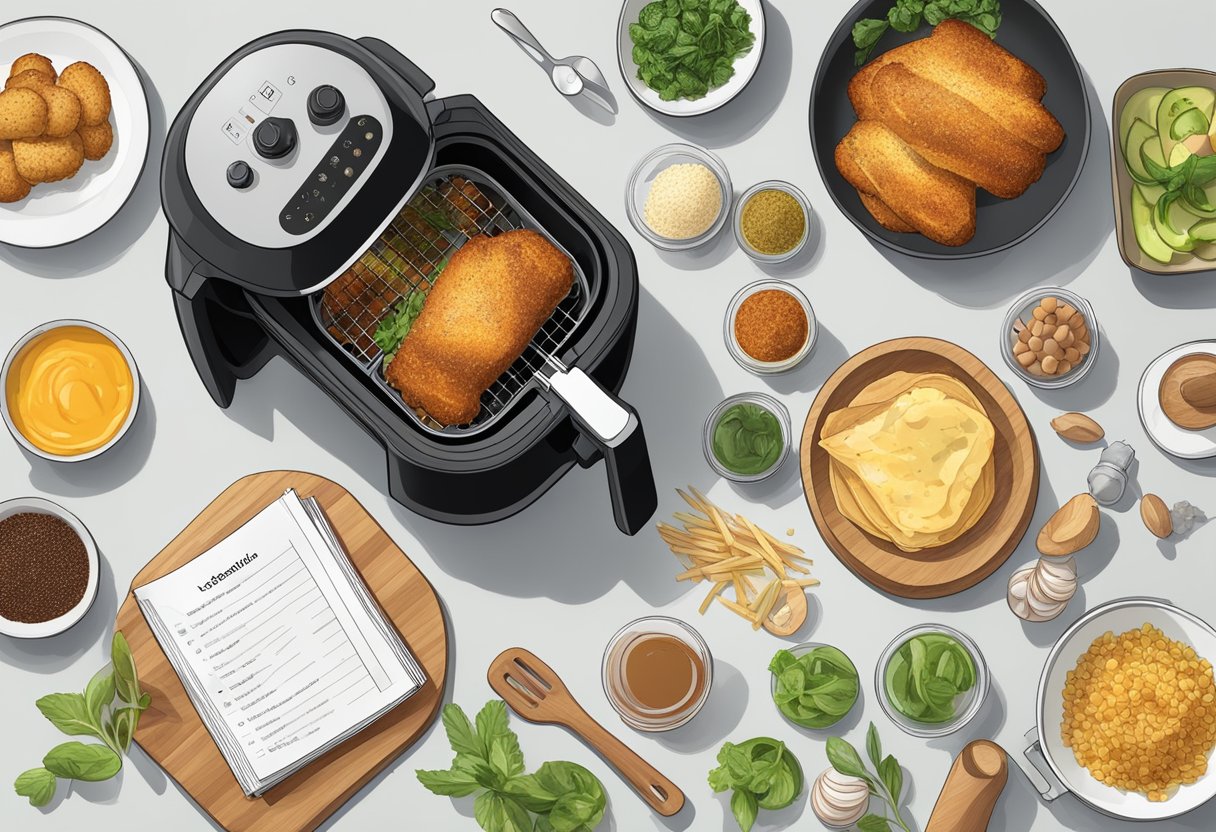 A table with various ingredients and kitchen utensils next to an Airfryer, with a recipe book open to "Grundlæggende Airfryer opskrifter."