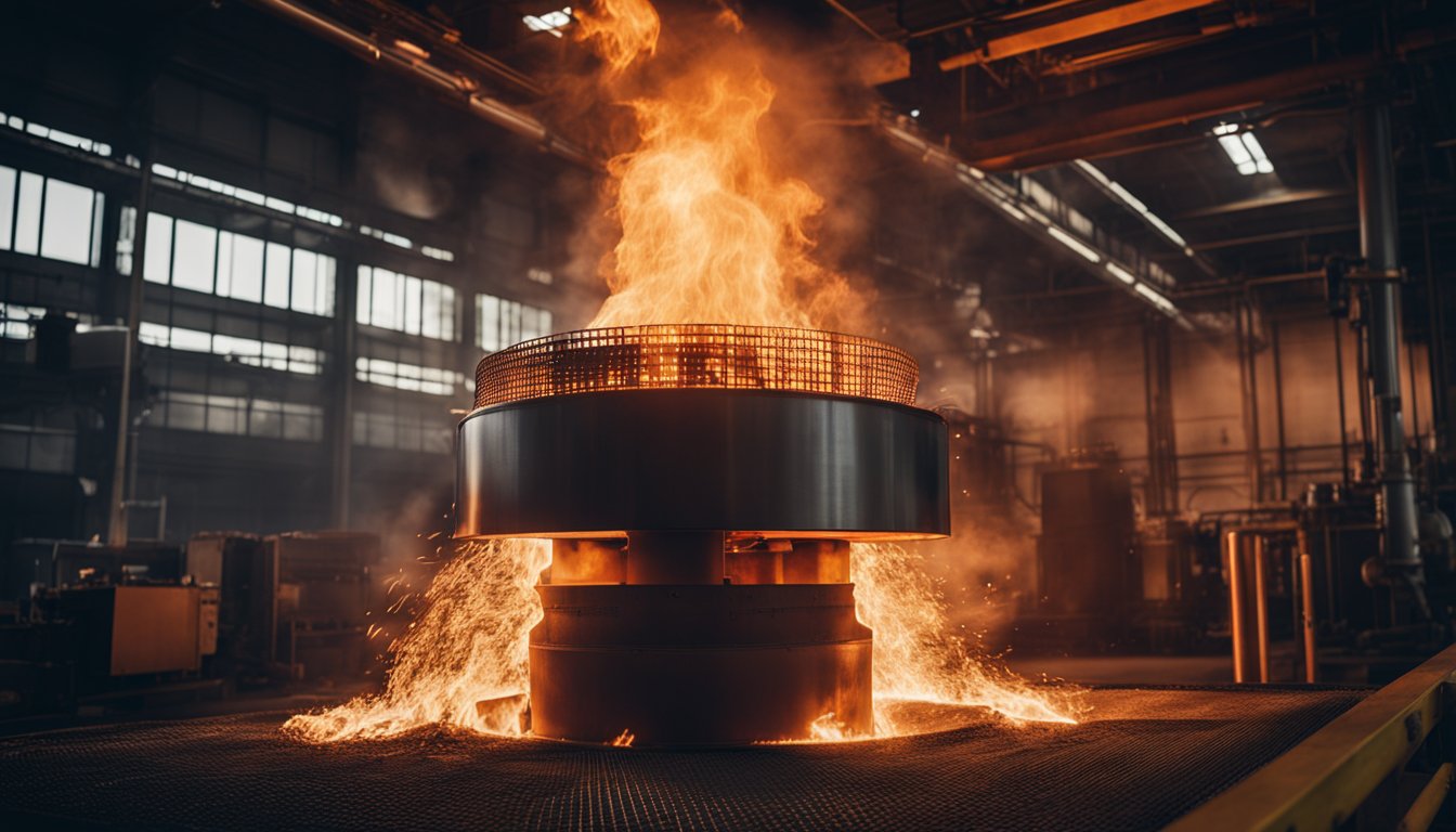 A roaring reheating furnace glows red-hot, radiating intense heat within a dark industrial setting