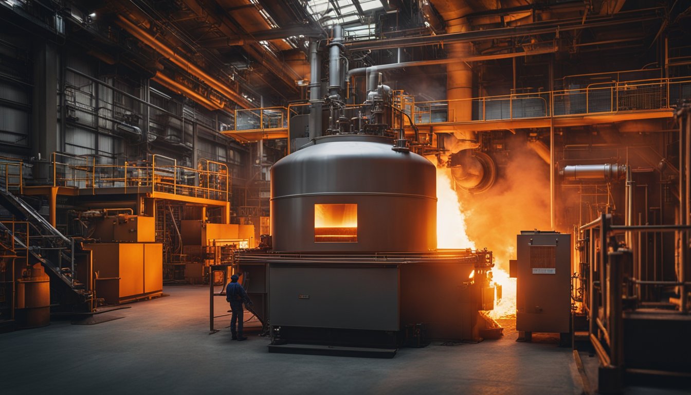 A large industrial furnace with flames roaring inside, heating metal bars to a glowing red-orange color. The furnace is surrounded by heavy machinery and workers in protective gear