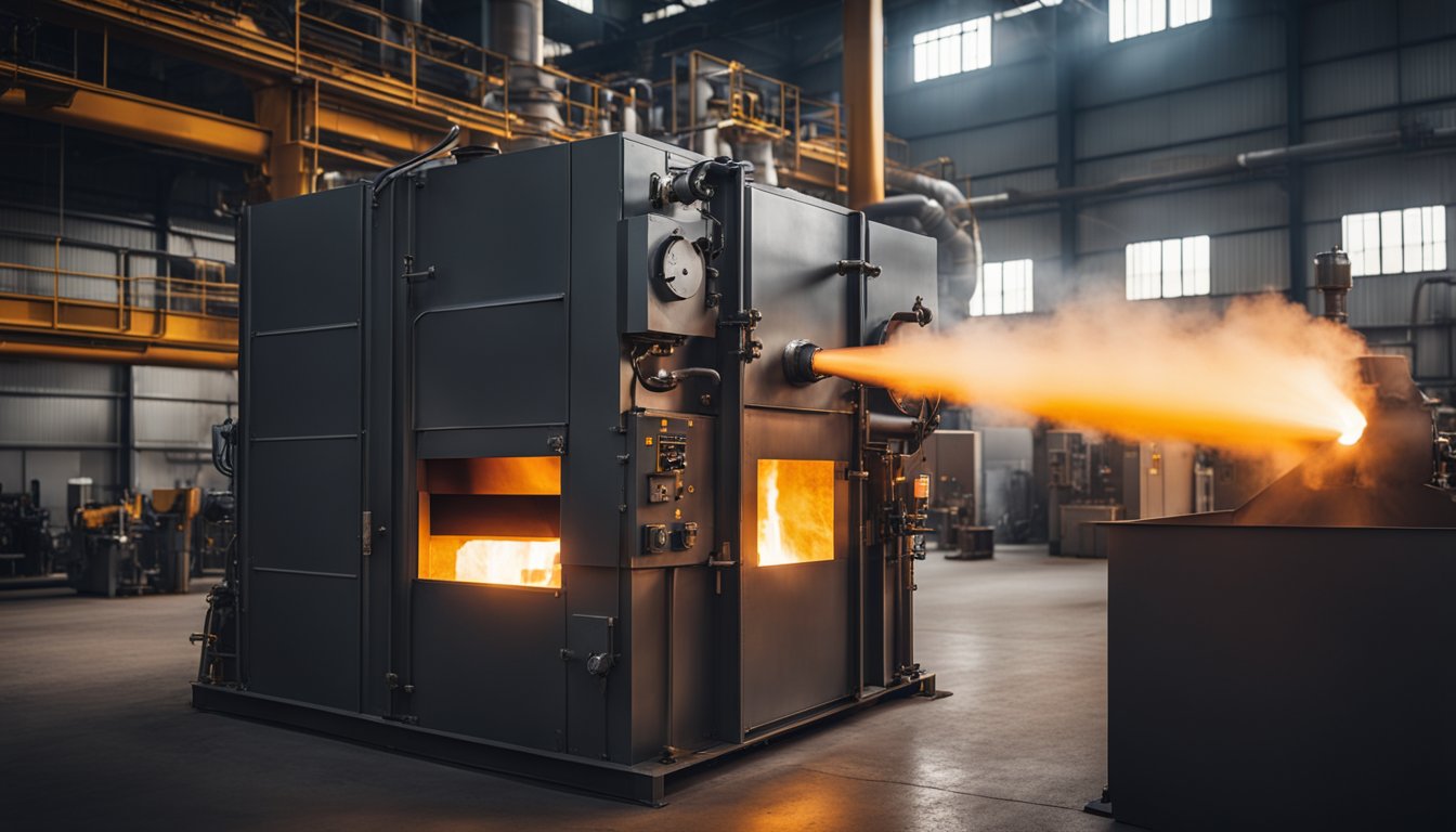 A large reheating furnace with open doors and glowing hot metal inside. Flames and heat radiating from the furnace, surrounded by industrial machinery