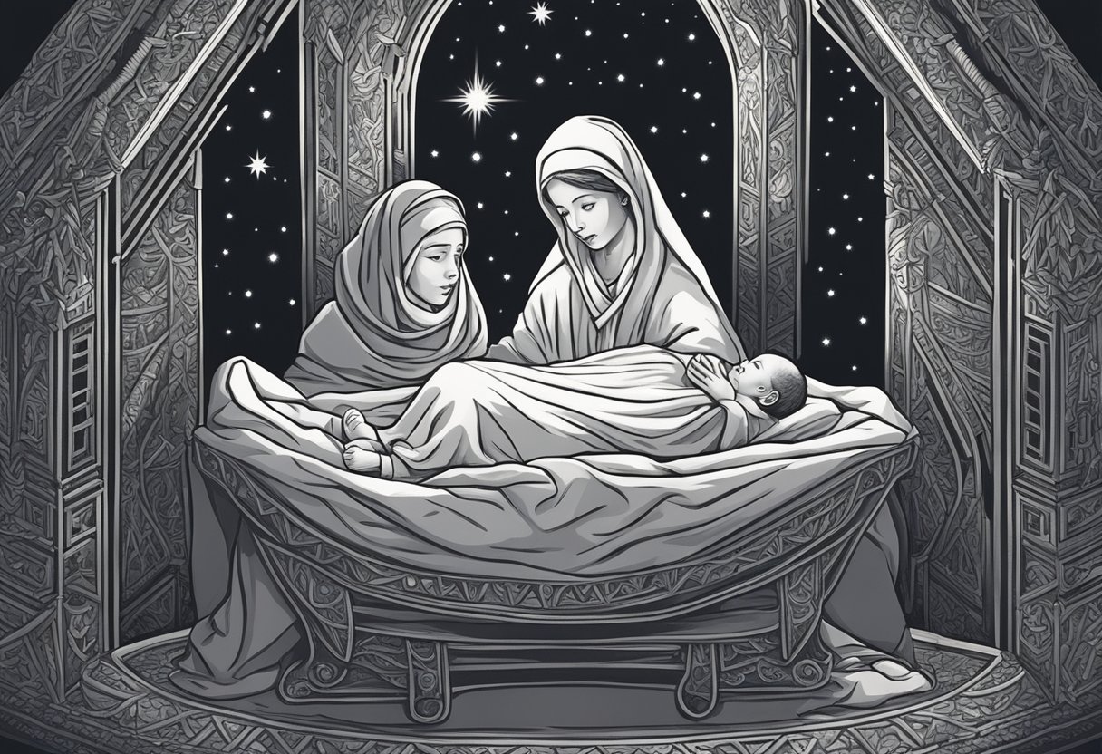 A glowing star shines above a humble manger, where a newborn lies wrapped in swaddling clothes