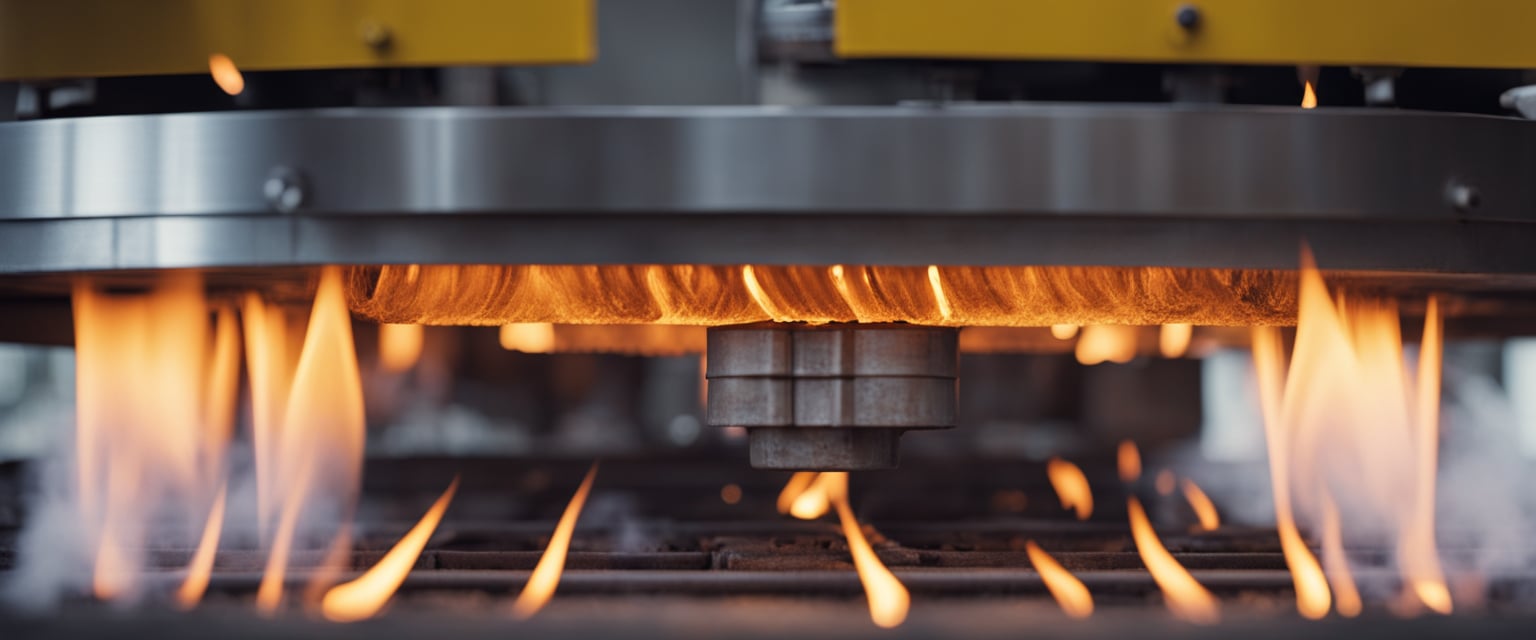 A walking beam furnace heats metal, with flames roaring and molten metal glowing within. The heavy machinery moves back and forth, emitting heat and smoke