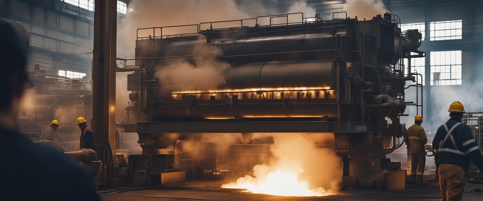 A walking beam furnace with billowing smoke, surrounded by workers and machinery, in a bustling industrial setting