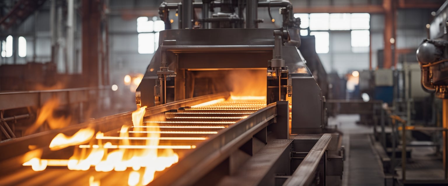 A walking beam furnace in operation, with glowing hot metal being transported along the conveyor system. Flames and heat radiating from the furnace