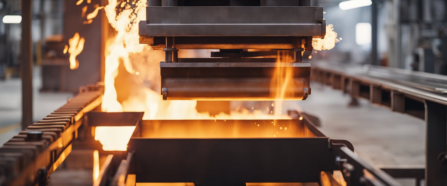 A walking beam furnace in operation, with glowing hot metal moving along the conveyor, and flames and heat emanating from the furnace