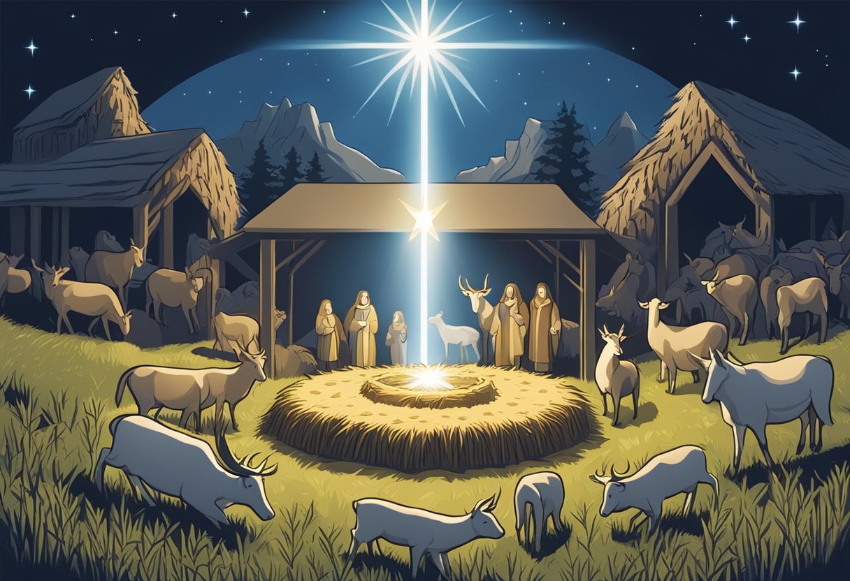 A shining star illuminates a peaceful manger surrounded by animals and hay, with the name "Jesus" written in glowing letters above