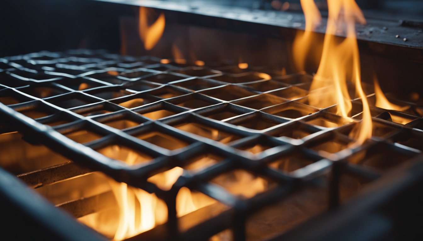 A gas-fired furnace roars to life, flames licking at the metal grates as heat radiates through the room. Blue and yellow flames dance within the furnace, casting a warm glow on the surrounding area