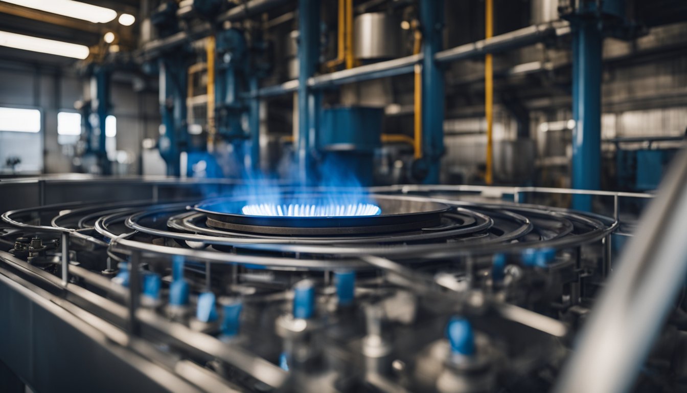 A gas fired furnace with blue flames heating metal coils inside a steel chamber