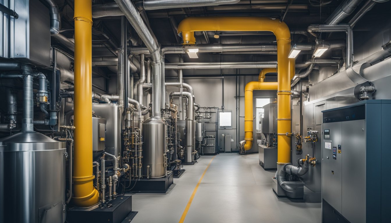 A gas fired furnace sits in a clean, well-lit mechanical room, surrounded by pipes and ductwork, with a digital thermostat on the wall