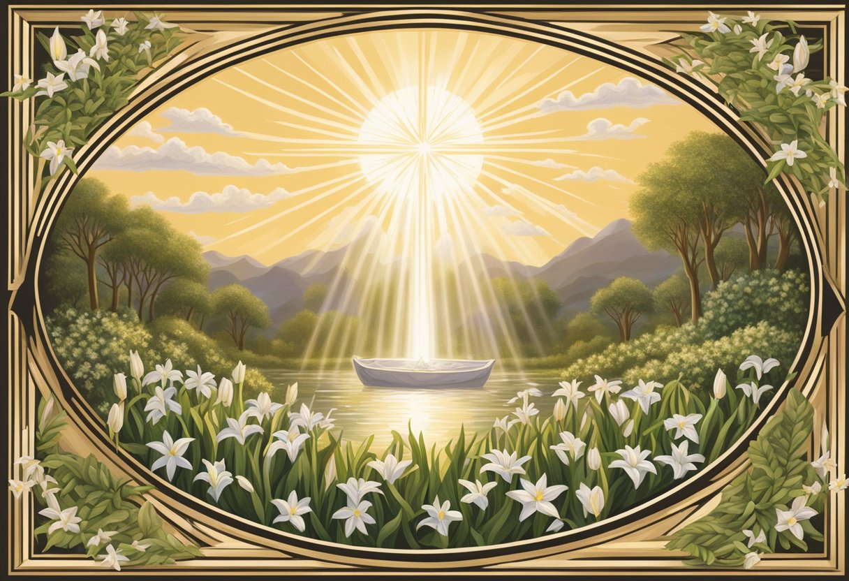 A glowing halo hovers above a cradle of lilies, symbolizing purity and innocence. Rays of light emanate from the name "Jesus" written in elegant script