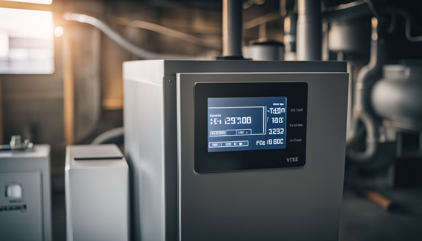 A gas-fired furnace with ductwork and thermostat, heating a home interior