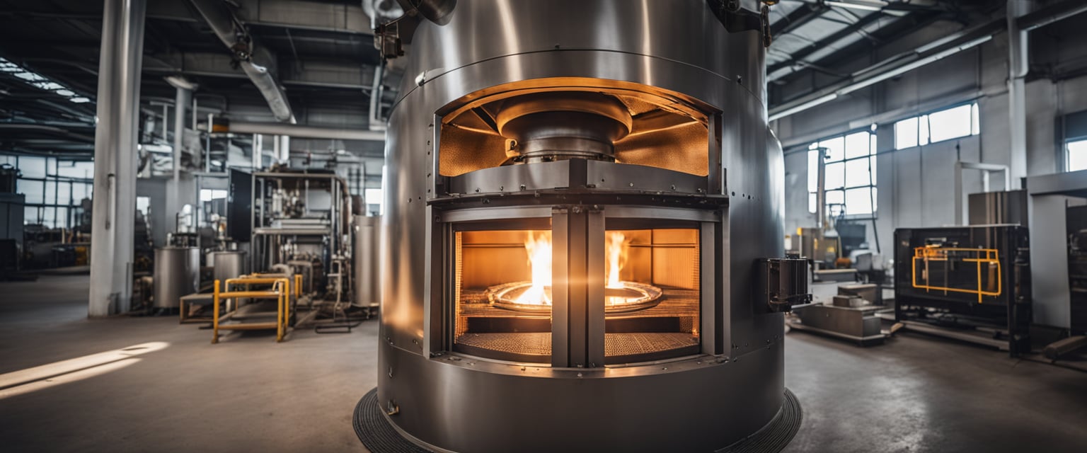 A furnace is being constructed with sturdy materials and precise measurements. The design showcases heat-resistant components and advanced engineering techniques