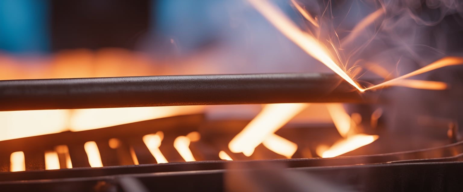 A resistance furnace heats metal rods, glowing red-hot within a steel chamber, with electrical coils emitting intense heat