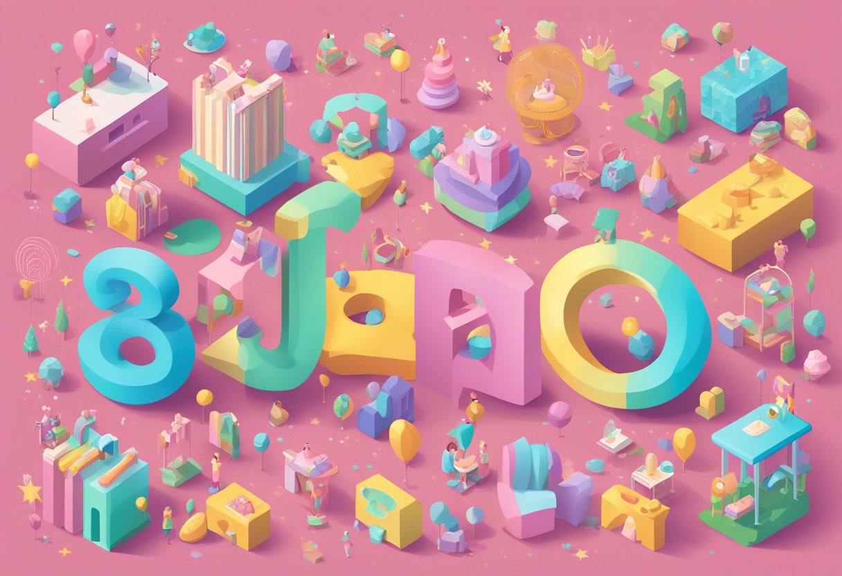 A colorful array of baby girl names with "Jha" displayed in playful fonts and surrounded by whimsical illustrations