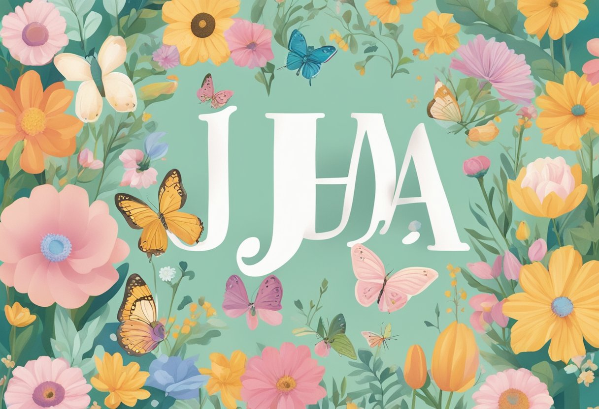 A colorful array of baby girl names with "jha" written in playful, whimsical font, surrounded by delicate flowers and butterflies