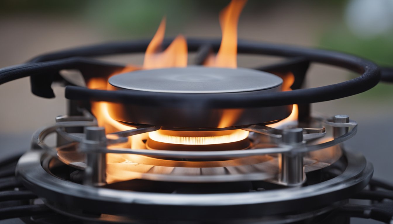 A regenerative burner emits intense heat, with flames dancing and flickering within its metal enclosure. The air shimmers with the heat as the burner works its magic