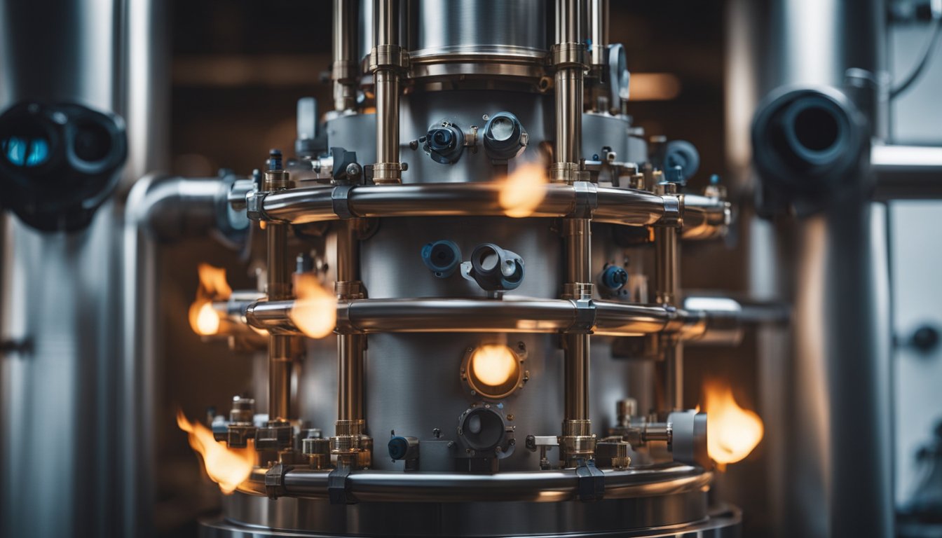 The regenerative burner consists of a cylindrical chamber with multiple compartments, connected to a network of pipes and valves. Flames flicker within the chamber, surrounded by insulating material