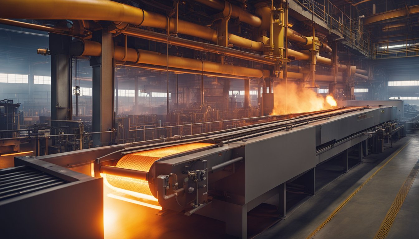 The roller hearth furnace is a long, industrial machine with a continuous conveyor belt moving through a series of heating zones. The furnace is glowing with intense heat, and the conveyor belt is carrying metal parts through the process