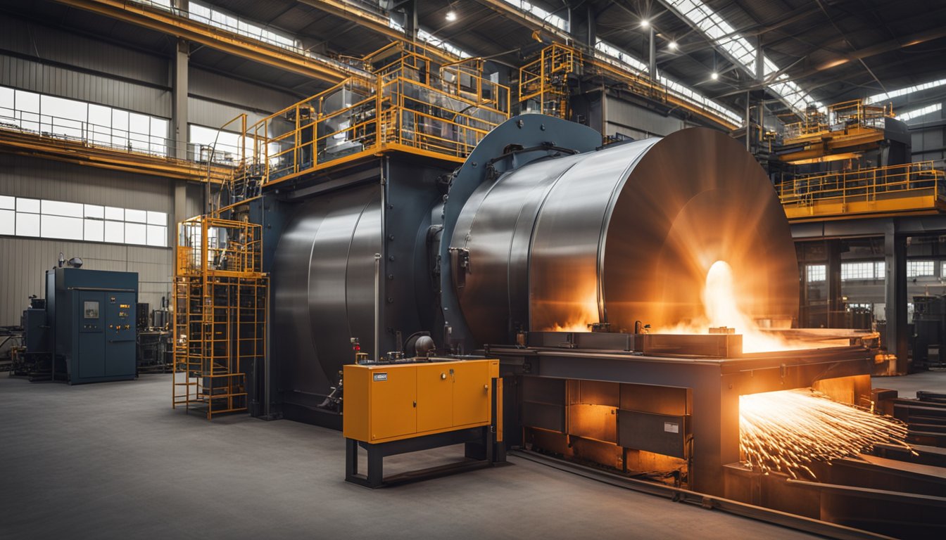 A roller hearth furnace is being designed and constructed with industrial machinery and equipment in a large manufacturing facility