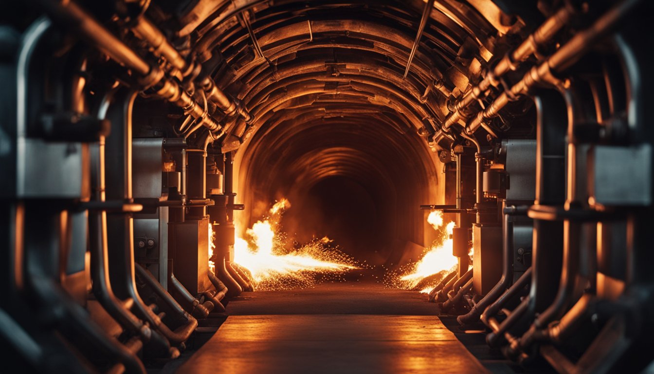 A tunnel furnace with glowing red-hot metal and billowing flames