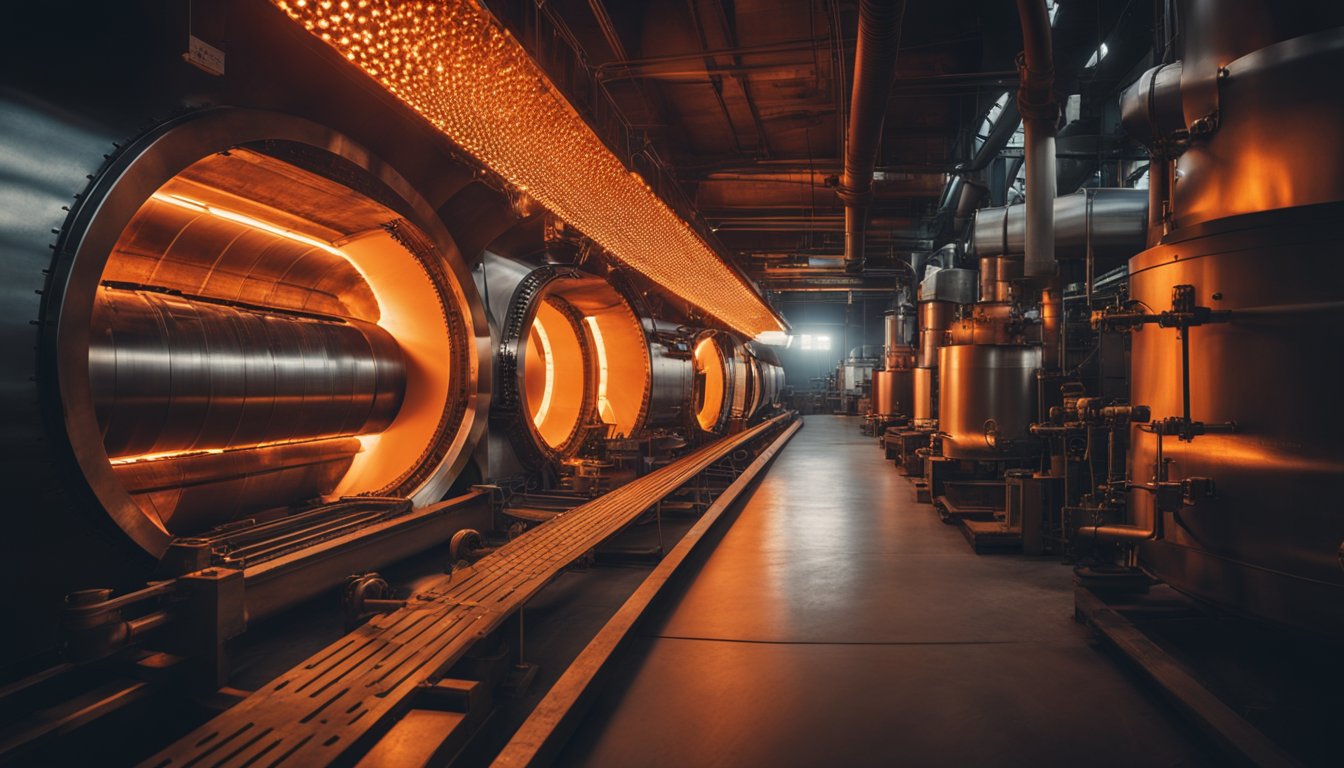 A tunnel furnace with glowing red-hot interior, industrial machinery, and conveyor belt