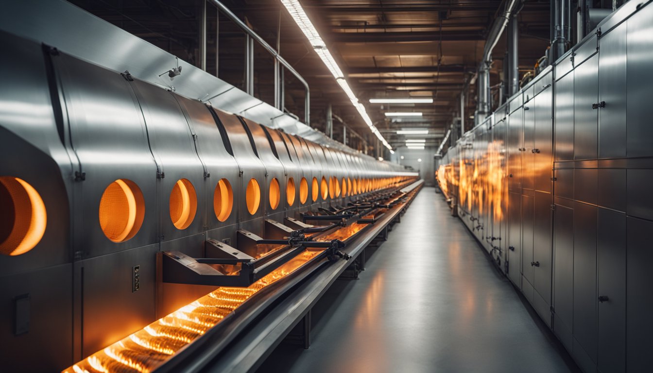 A long, narrow tunnel furnace with multiple chambers and conveyor belts running through it. Bright orange flames and intense heat emanate from the openings