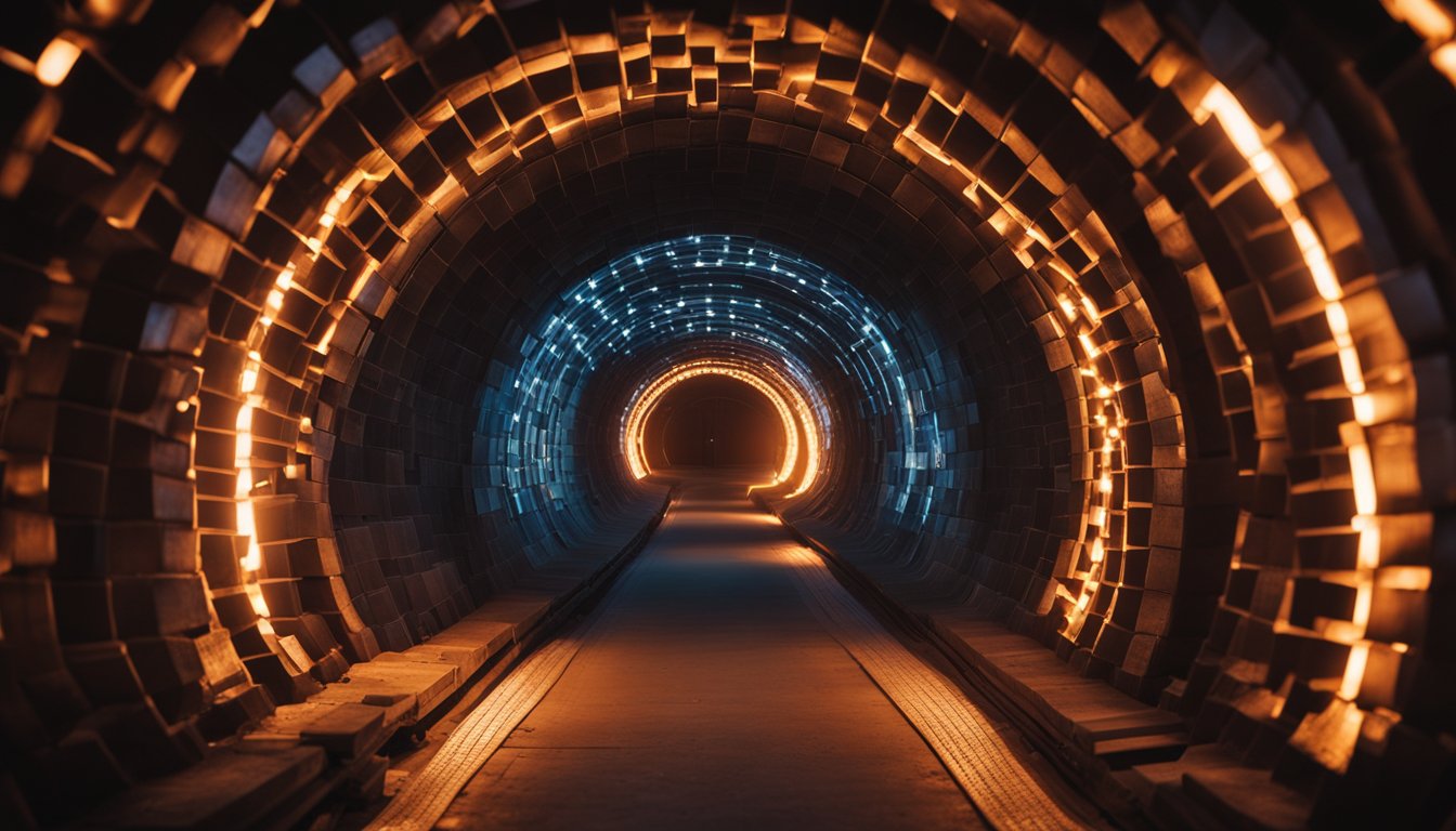 A tunnel furnace with construction elements glowing red hot