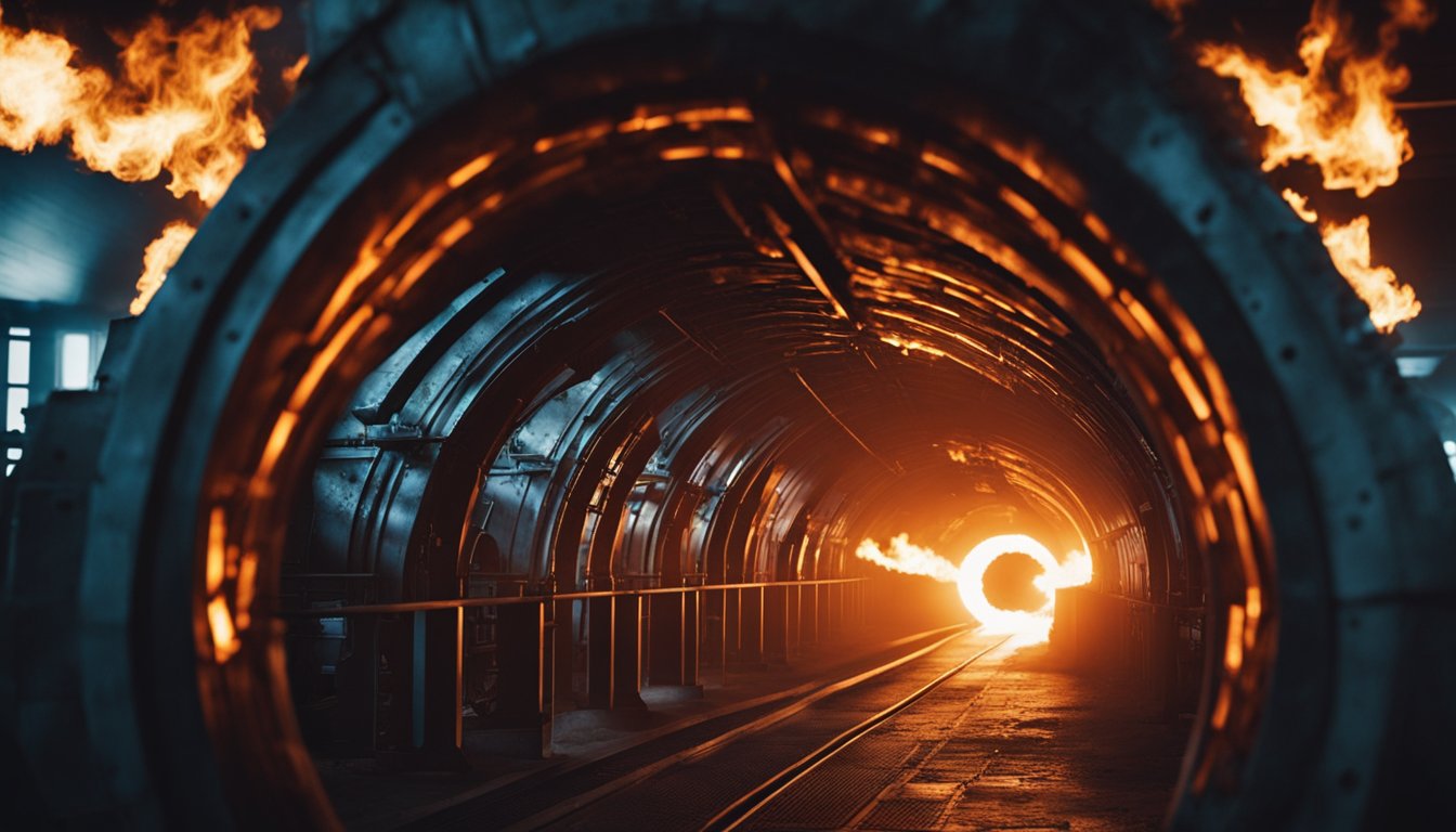 The tunnel furnace roars with intense heat, glowing red and casting flickering shadows on the surrounding walls. Flames dance and lick at the metal within, creating a mesmerizing and dangerous spectacle