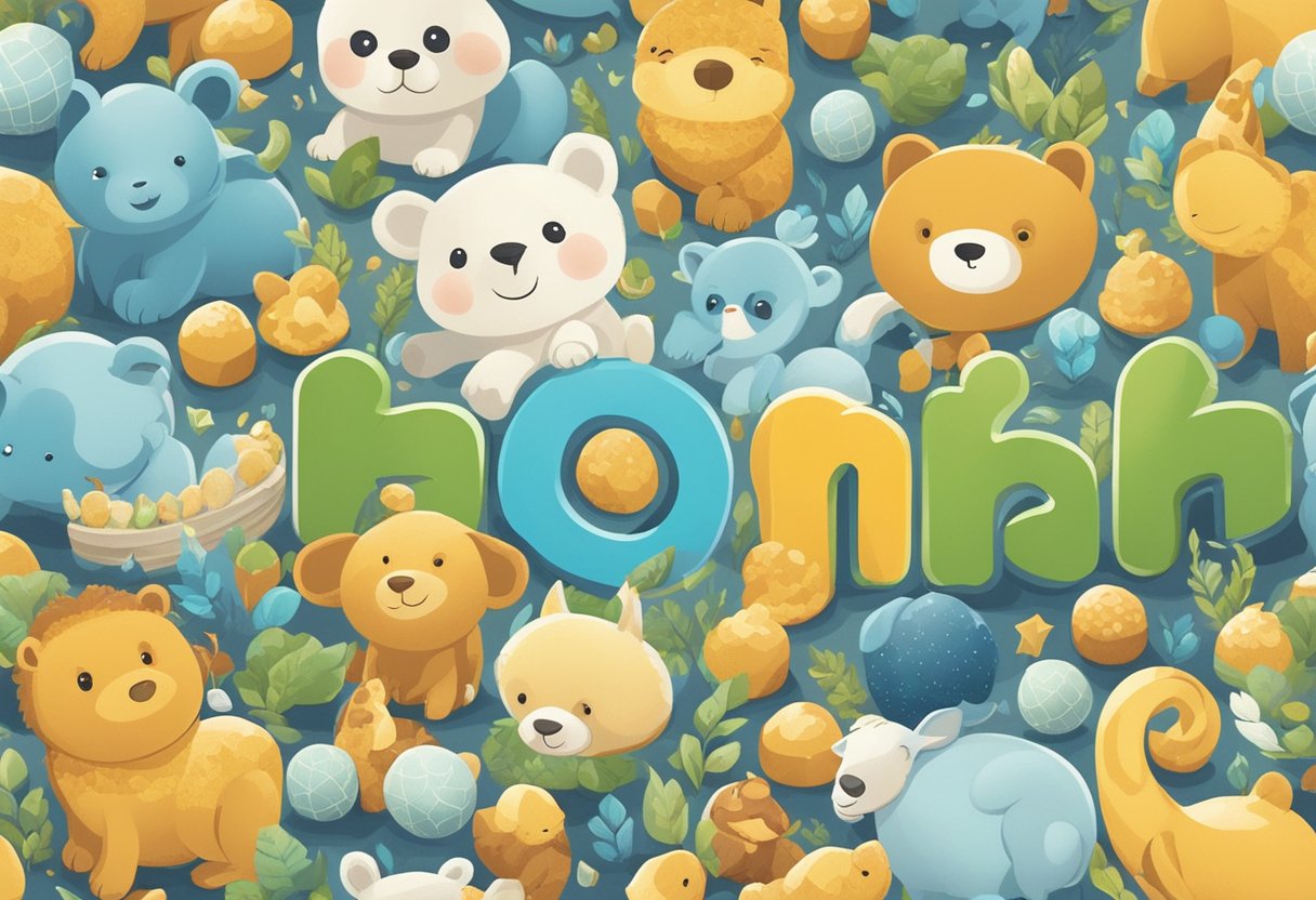 A colorful display of baby boy names with "Jha" written in bold, playful fonts, surrounded by cute animal illustrations