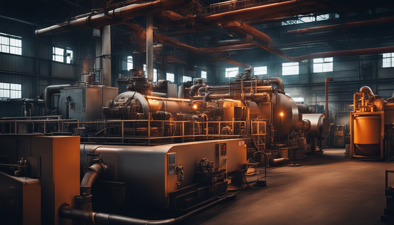 An industrial electric furnace glows red-hot, surrounded by pipes and machinery in a dimly lit factory