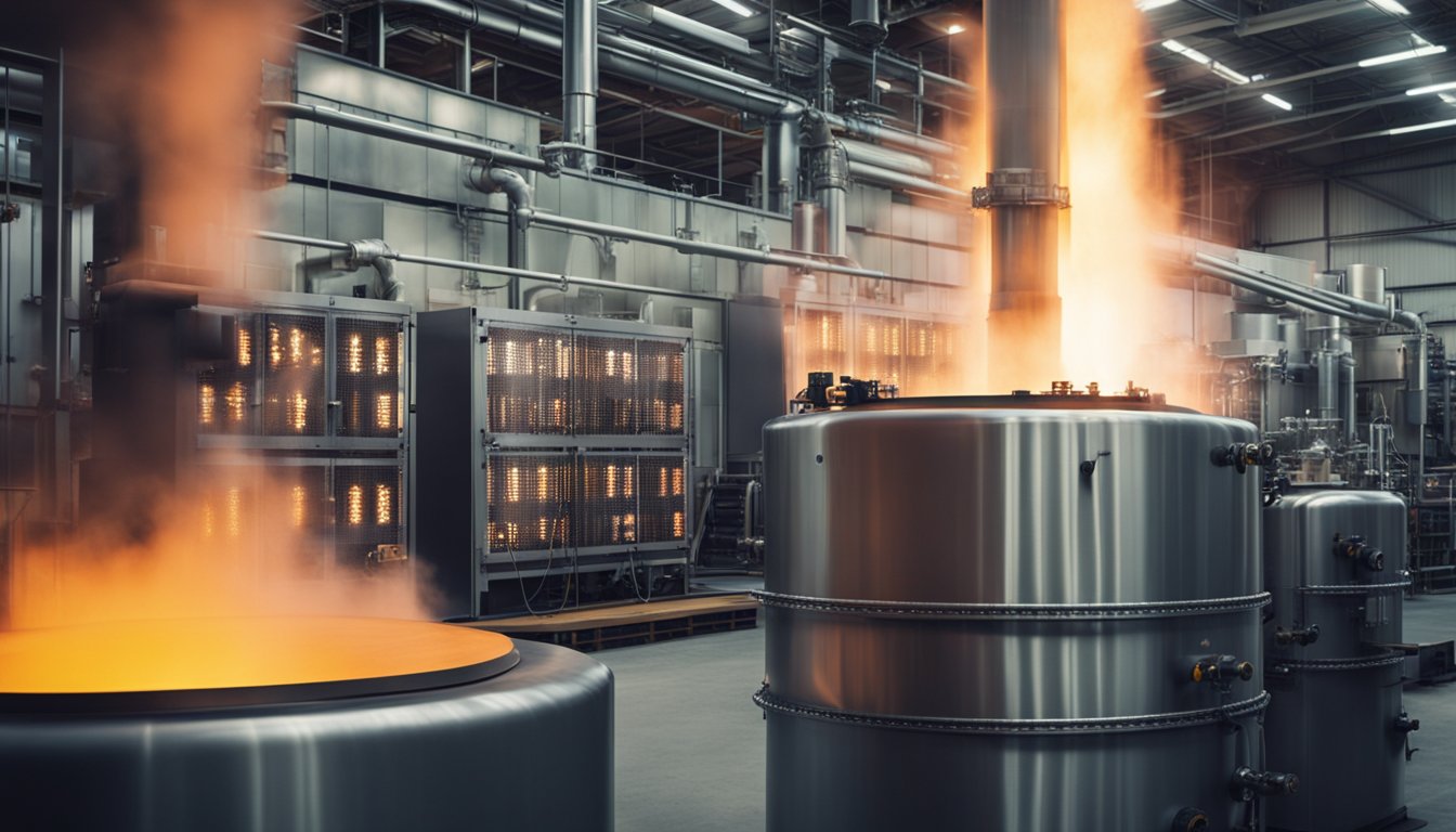 An array of industrial electric furnaces glowing and emitting heat in a large manufacturing facility