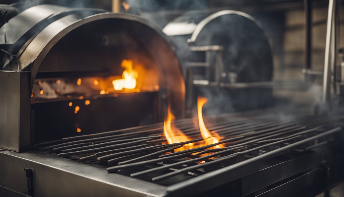 A pusher furnace with glowing hot coals being pushed into position by a mechanical arm. Flames licking the sides as the furnace heats up