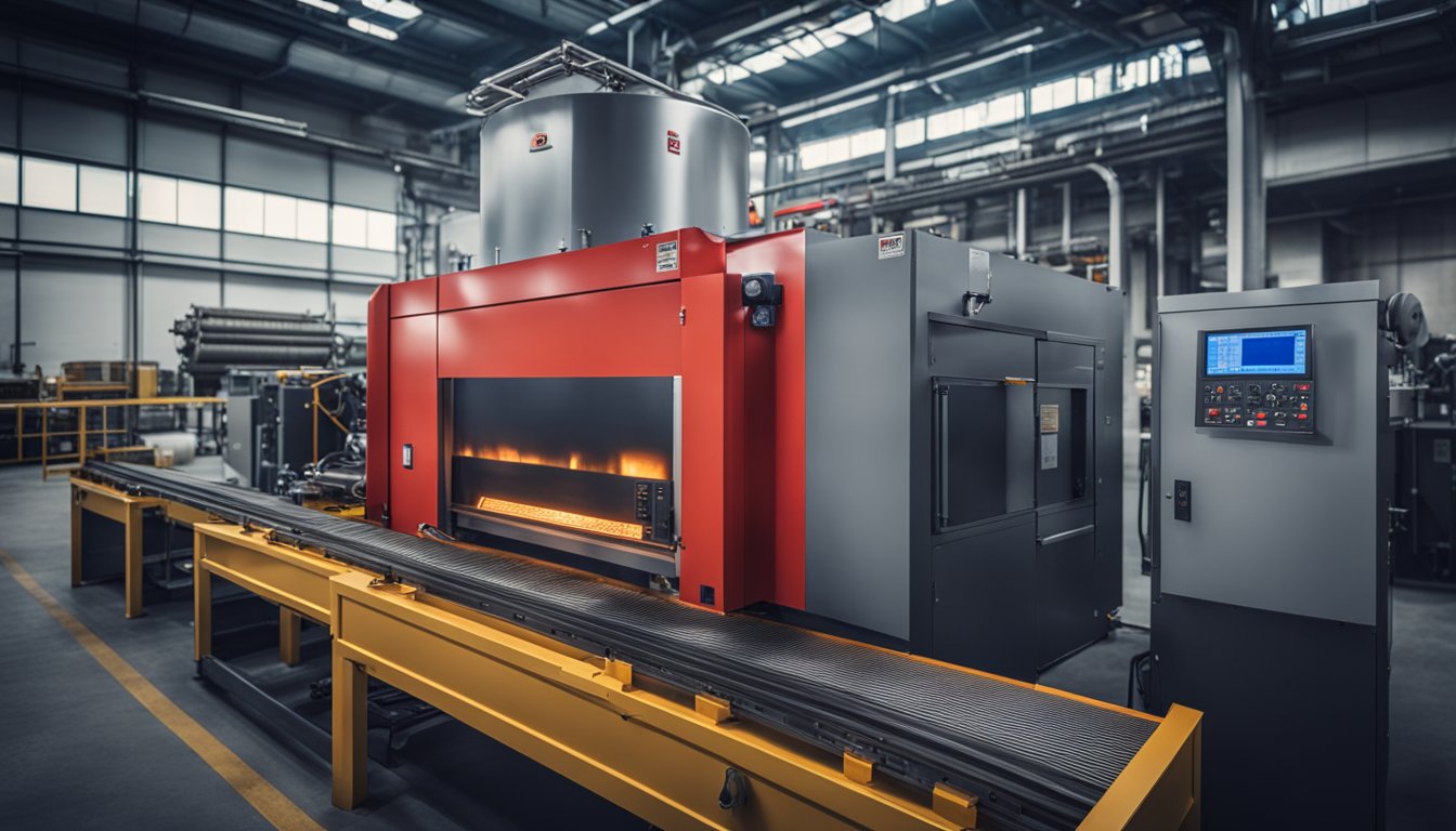 A pusher furnace with glowing red interior, conveyor moving materials, and control panel with digital display