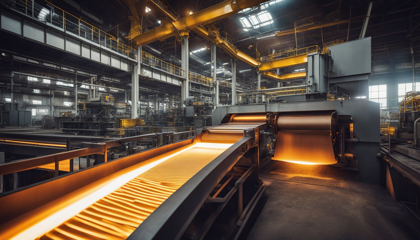 A pusher furnace with multiple conveyor belts, glowing hot metal ingots, and a mechanical pusher mechanism in a steel manufacturing plant