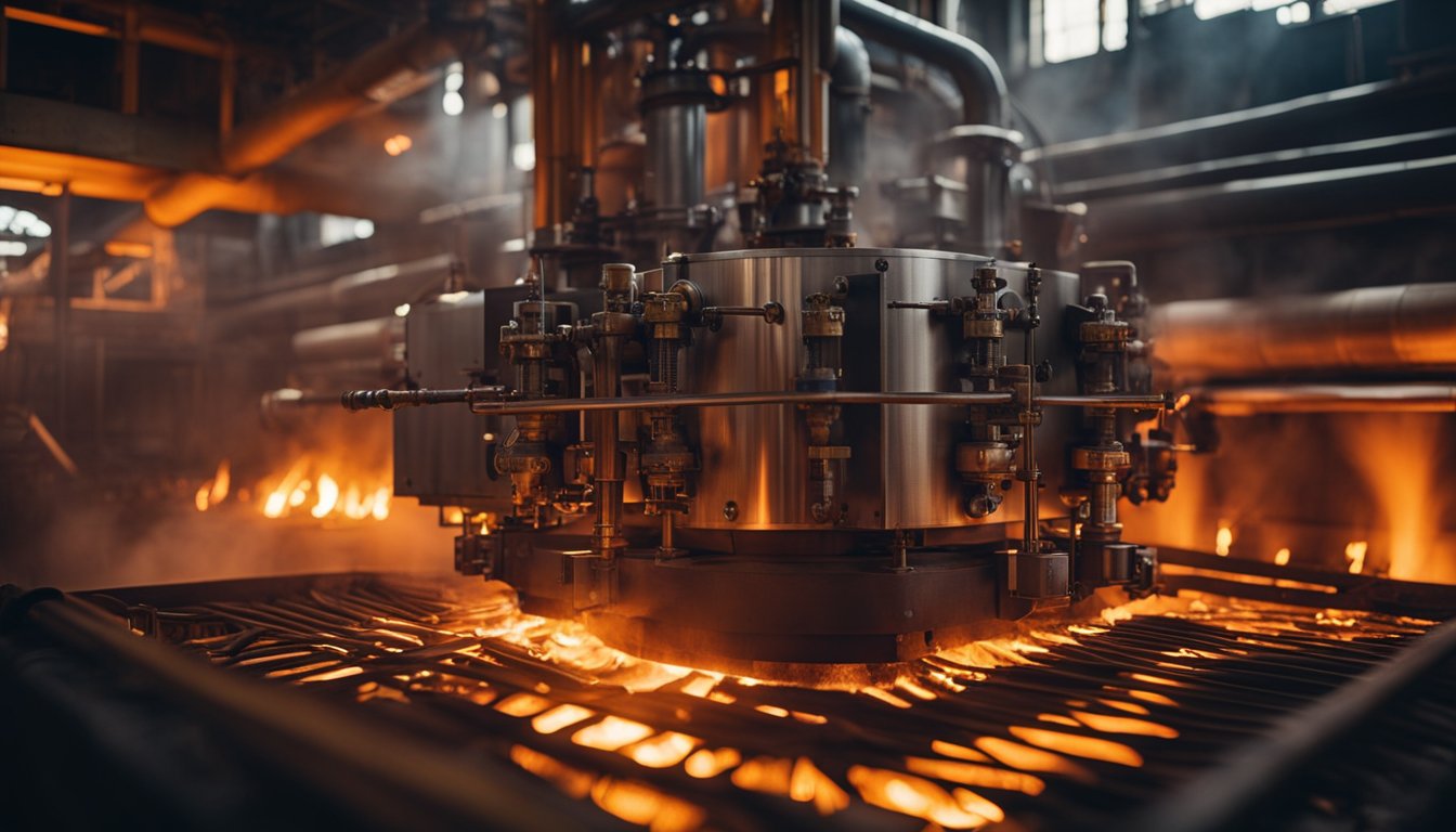 A regenerative furnace glowing with intense heat, surrounded by pipes and machinery. Flames dance within the furnace, casting a warm, orange glow