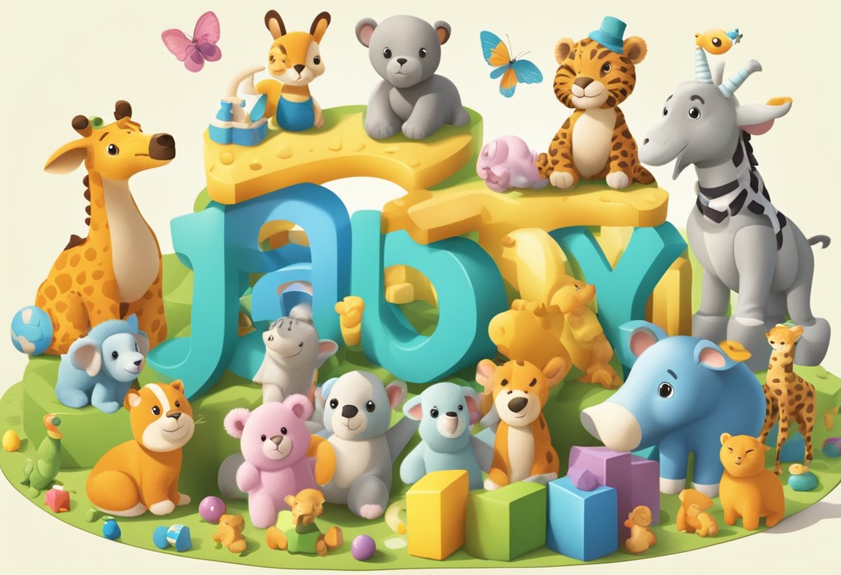 A colorful array of baby boy names with "jha" displayed on a vibrant sign, surrounded by playful toys and cheerful animals