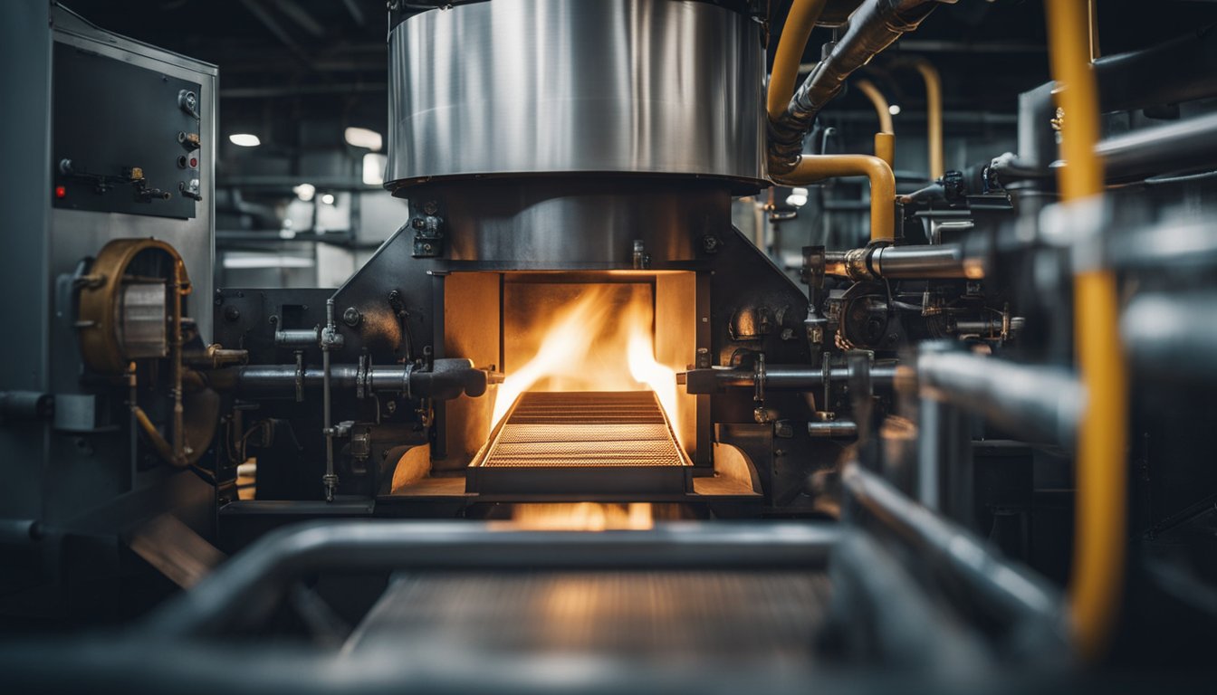 A furnace with a pusher mechanism in operation, surrounded by industrial equipment and pipes. Flames and heat emanate from the furnace