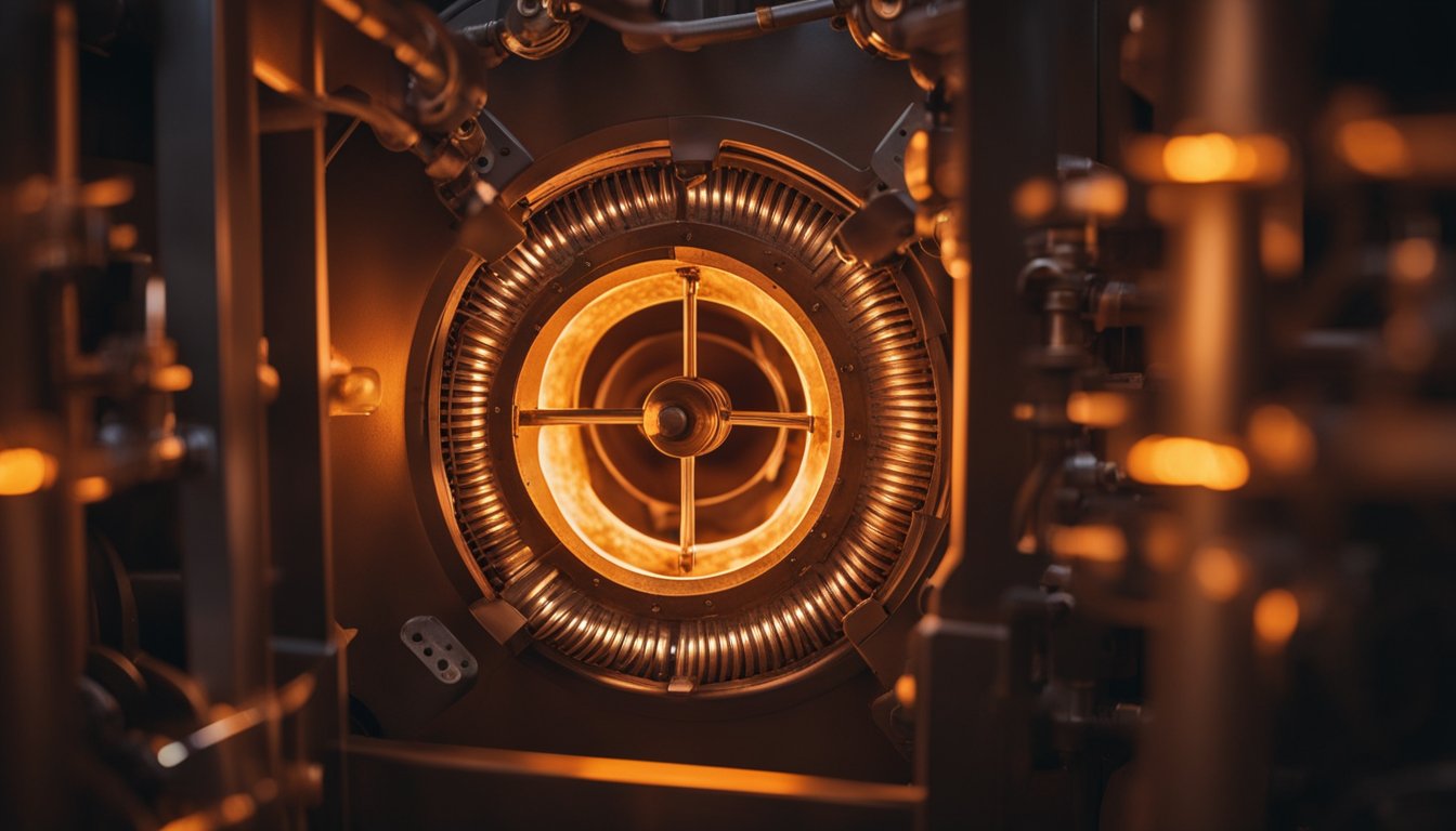 A regenerative furnace glowing with intense heat, flames flickering within its chambers, surrounded by pipes and valves, and emitting a warm, orange glow