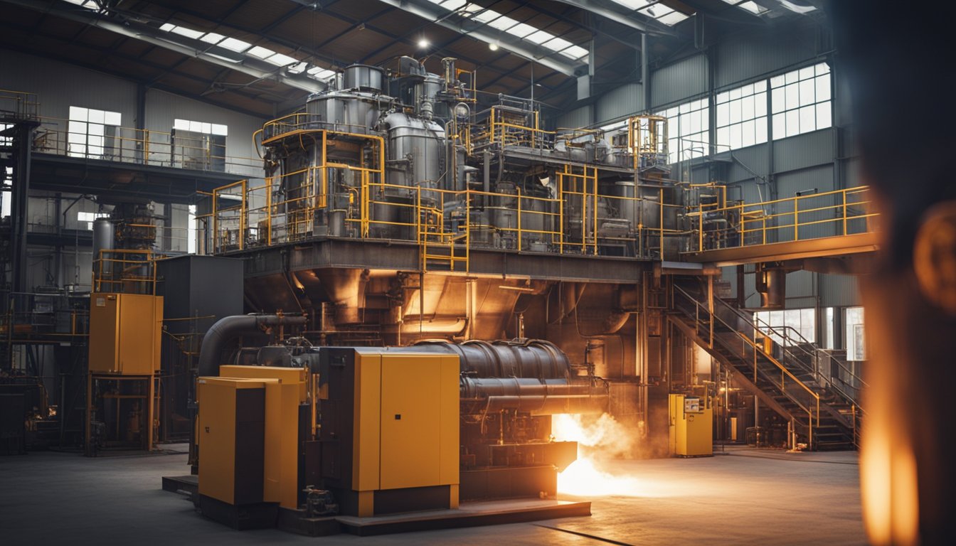 A regenerative furnace is being designed and constructed by workers in a factory setting, with large machinery and industrial equipment in the background