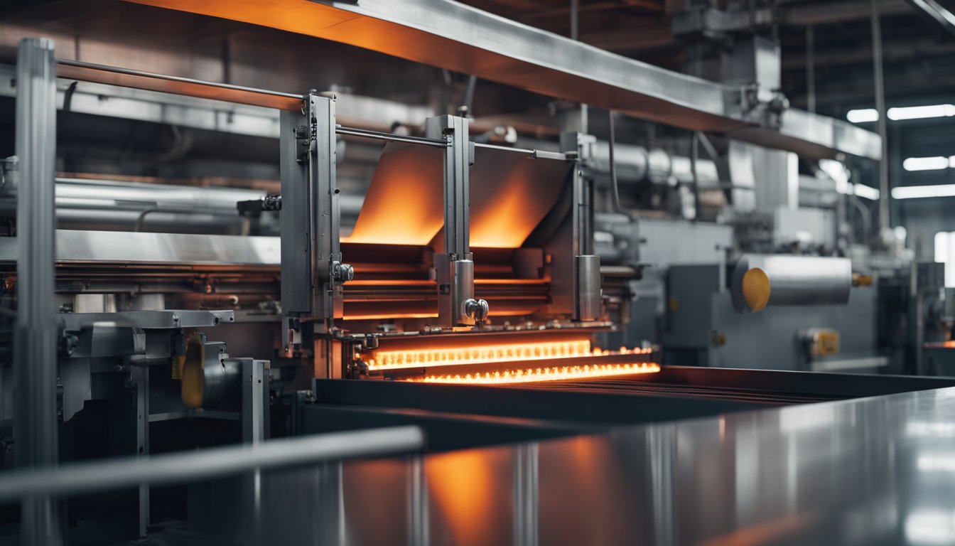 A continuous heat treatment furnace glowing red hot, with metal parts moving along a conveyor belt inside