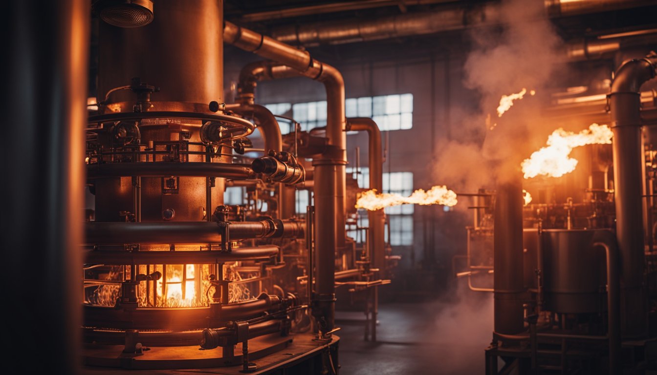 The regenerative furnace burns hot, with flames dancing and heat radiating. The metal structure glows red, surrounded by pipes and valves