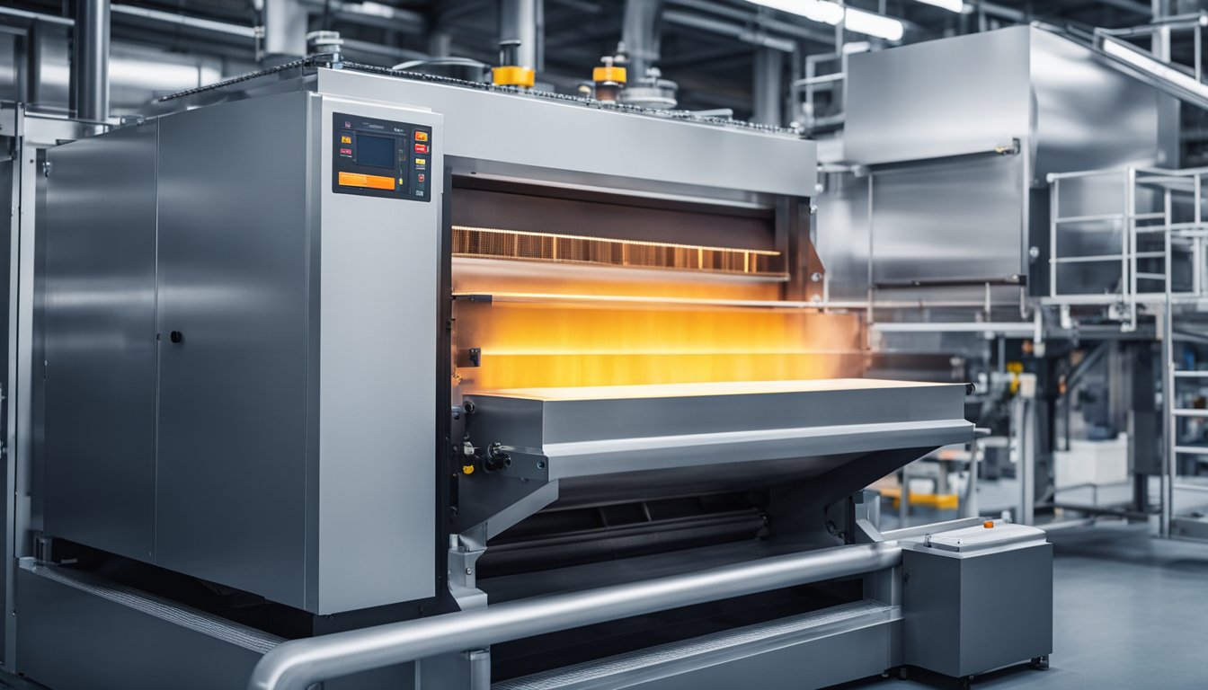 A continuous heat treatment furnace with conveyor belt and temperature control panel. Uniform heating and cooling zones visible